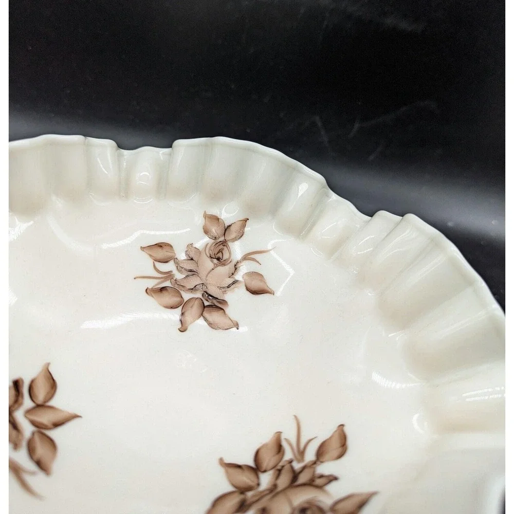 Vintage Fenton Beige & Brown flowers Hand-Painted Candy Dish Bowl Footed 8